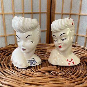 Vintage Elegant Ceramic Lady Head Vases - White and Red Accents-MCM